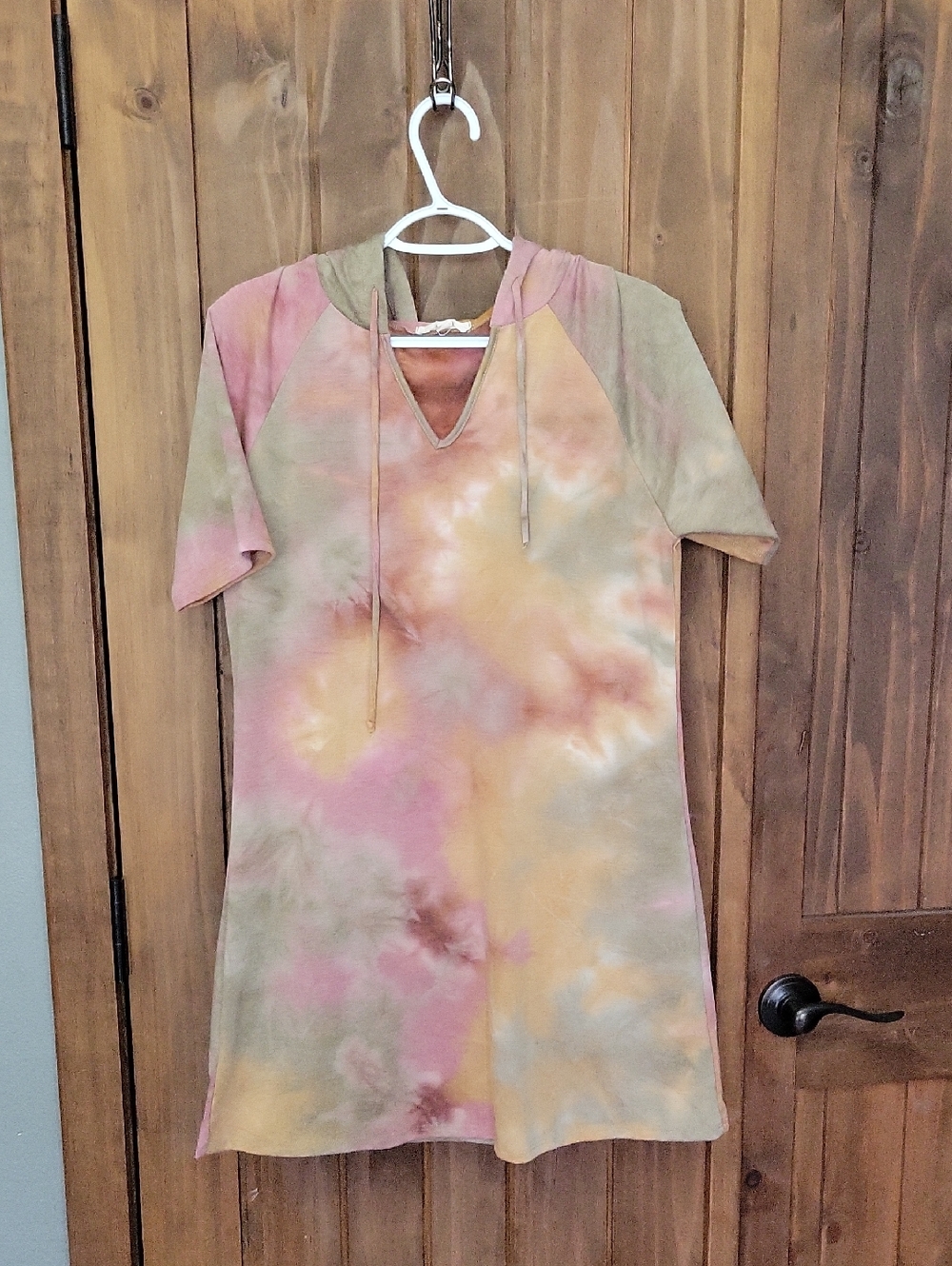 Tie-Dye Short Sleeve Hoodie Dress in Pink, Green & Yellow